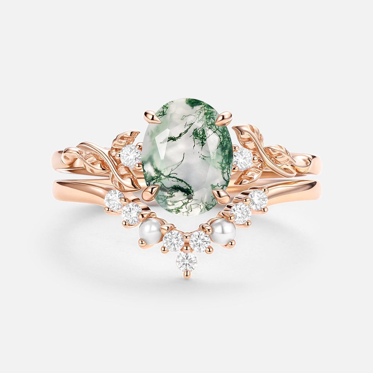 Clover Oval Cut Moss Agate & Pearl Leafy Gold Ring Set 2pcs.