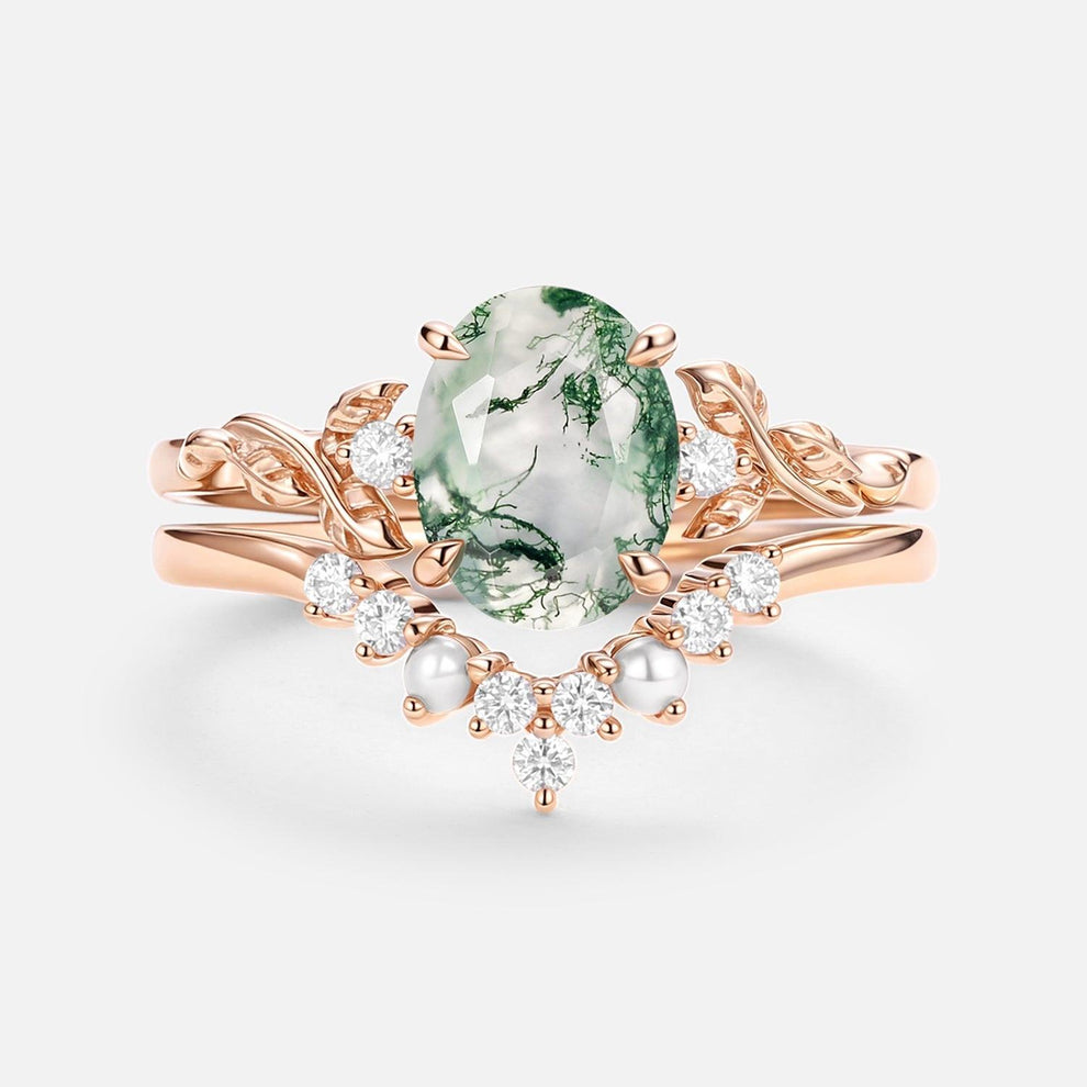 Clover Oval Cut Moss Agate & Pearl Leafy Gold Ring Set 2pcs.