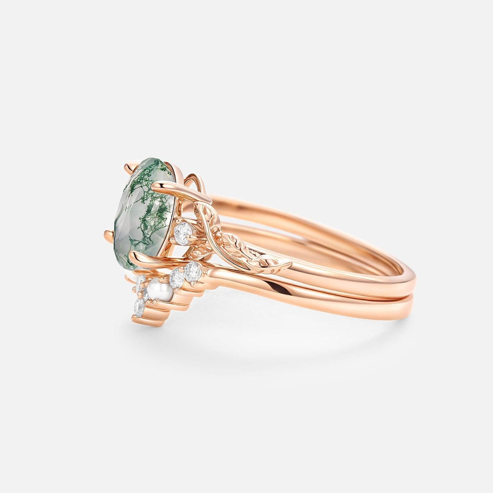 Clover Oval Cut Moss Agate & Pearl Leafy Gold Ring Set 2pcs.