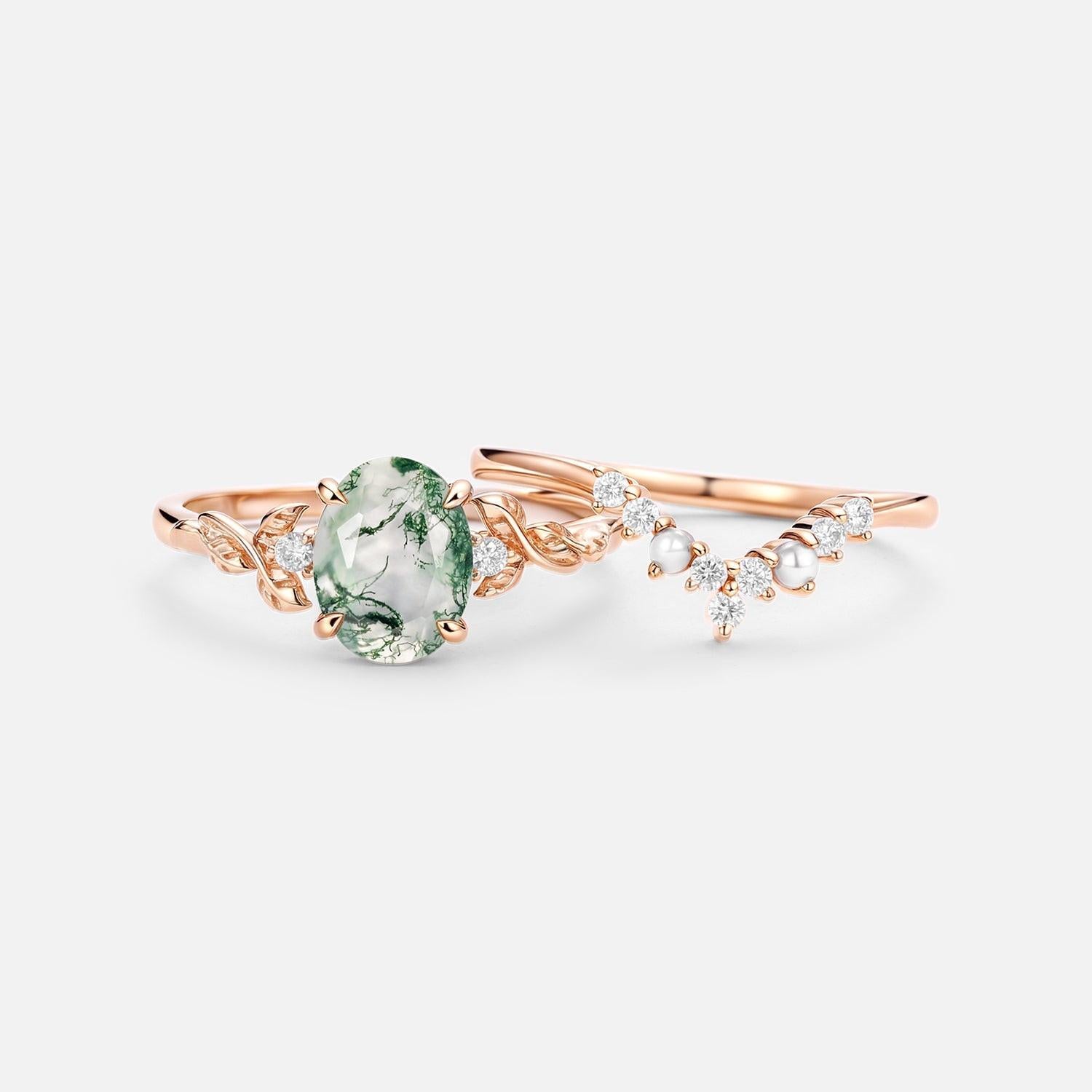 Clover Oval Cut Moss Agate & Pearl Leafy Gold Ring Set 2pcs.
