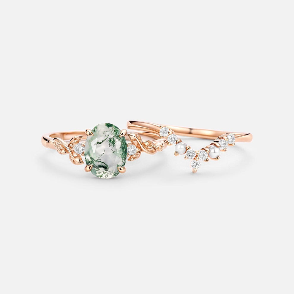 Clover Oval Cut Moss Agate & Pearl Leafy Gold Ring Set 2pcs.