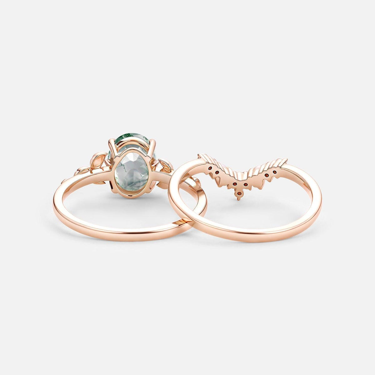 Clover Oval Cut Moss Agate & Pearl Leafy Gold Ring Set 2pcs.