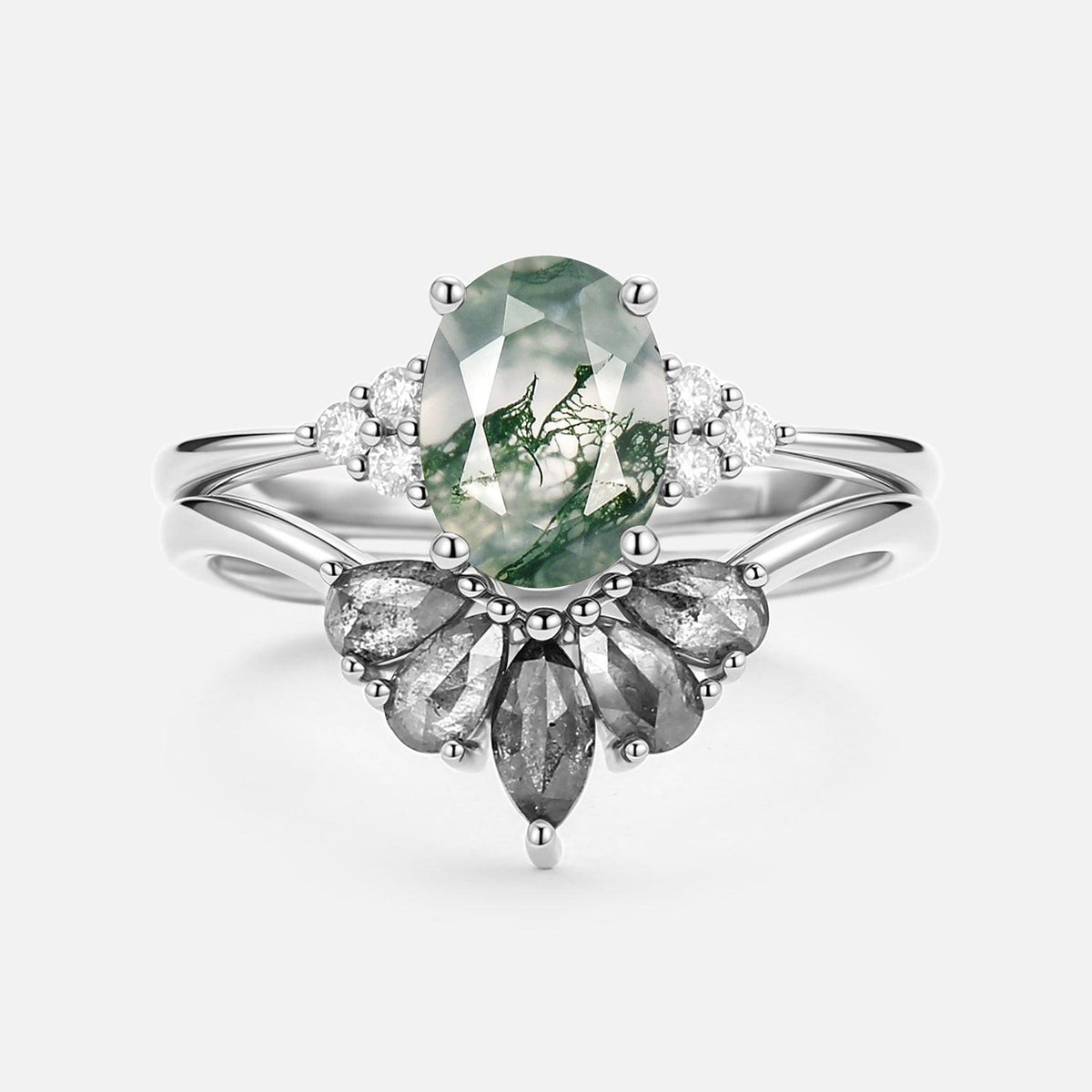 Thalia’s Harmony | Oval Cut Moss Agate & Salt and Pepper Diamond Bridal Set 2pcs.