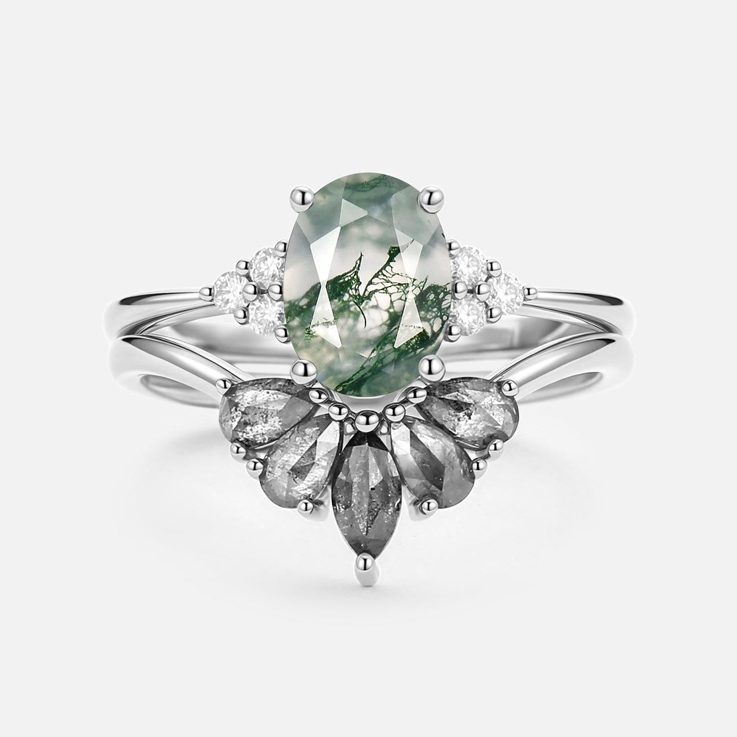Thalia’s Harmony | Oval Cut Moss Agate & Salt and Pepper Diamond Bridal Set 2pcs.