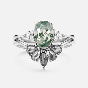 Thalia’s Harmony | Oval Cut Moss Agate & Salt and Pepper Diamond Bridal Set 2pcs.