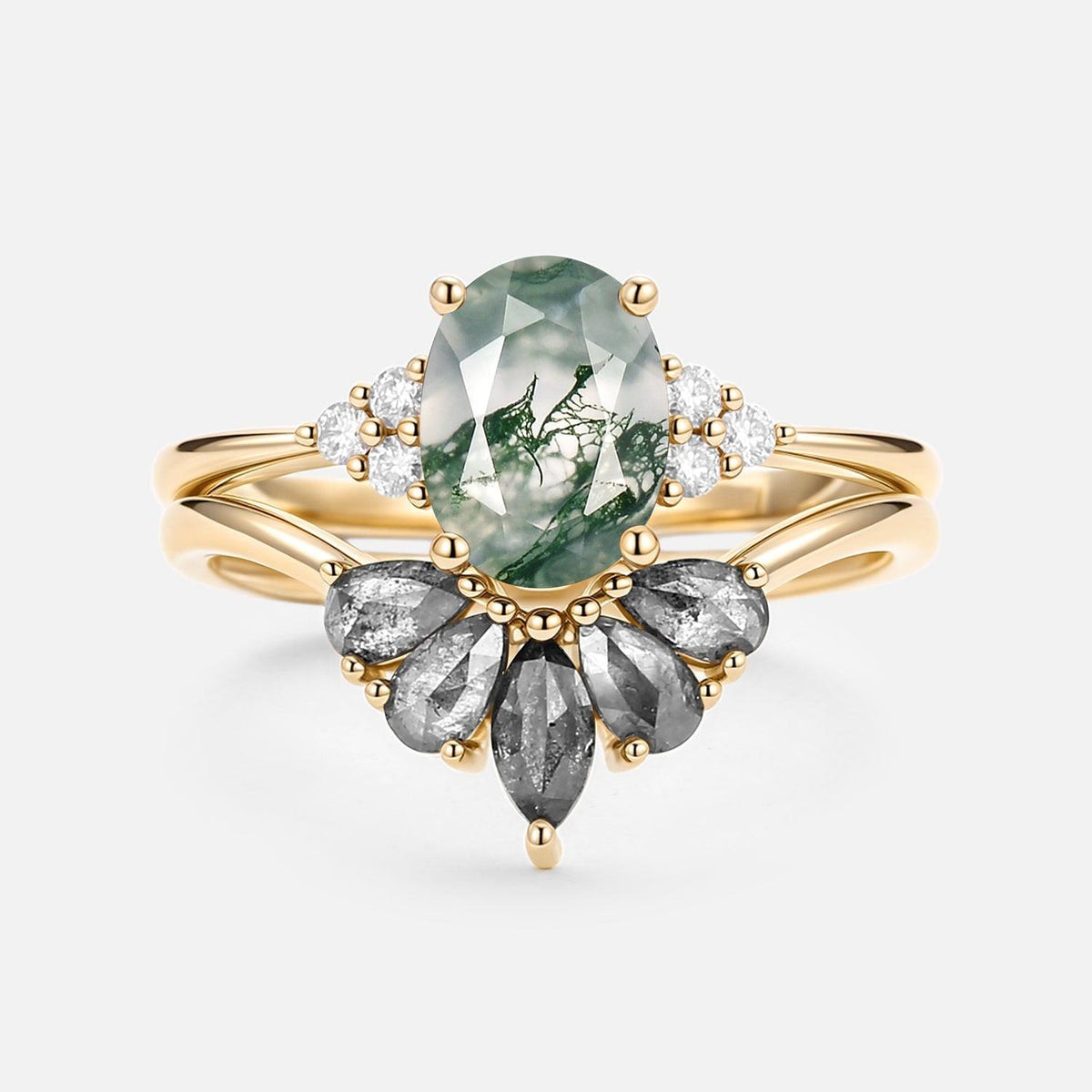 Thalia’s Harmony | Oval Cut Moss Agate & Salt and Pepper Diamond Bridal Set 2pcs.