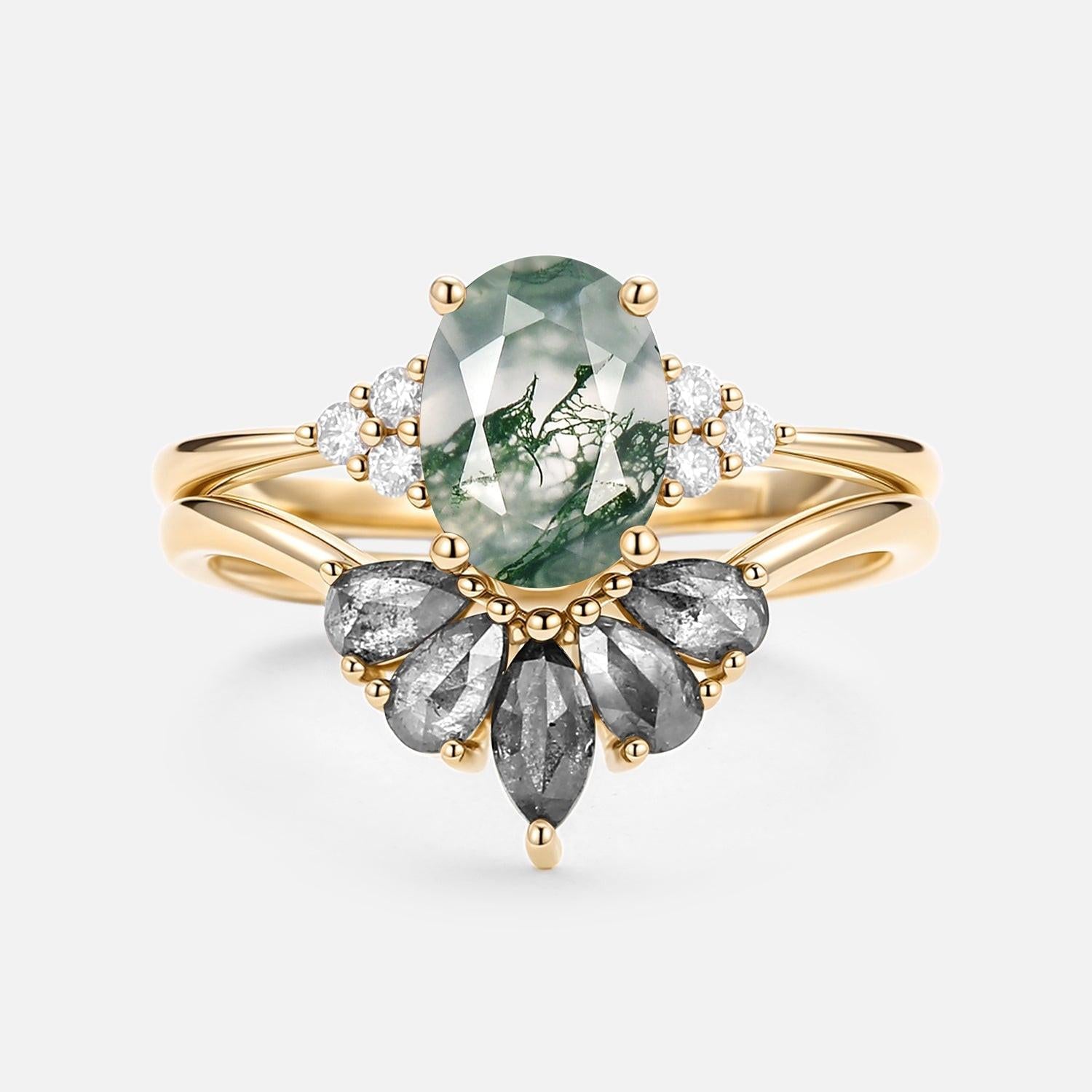 Thalia’s Harmony | Oval Cut Moss Agate & Salt and Pepper Diamond Bridal Set 2pcs.