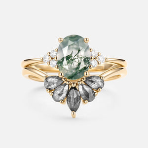 Thalia’s Harmony | Oval Cut Moss Agate & Salt and Pepper Diamond Bridal Set 2pcs.