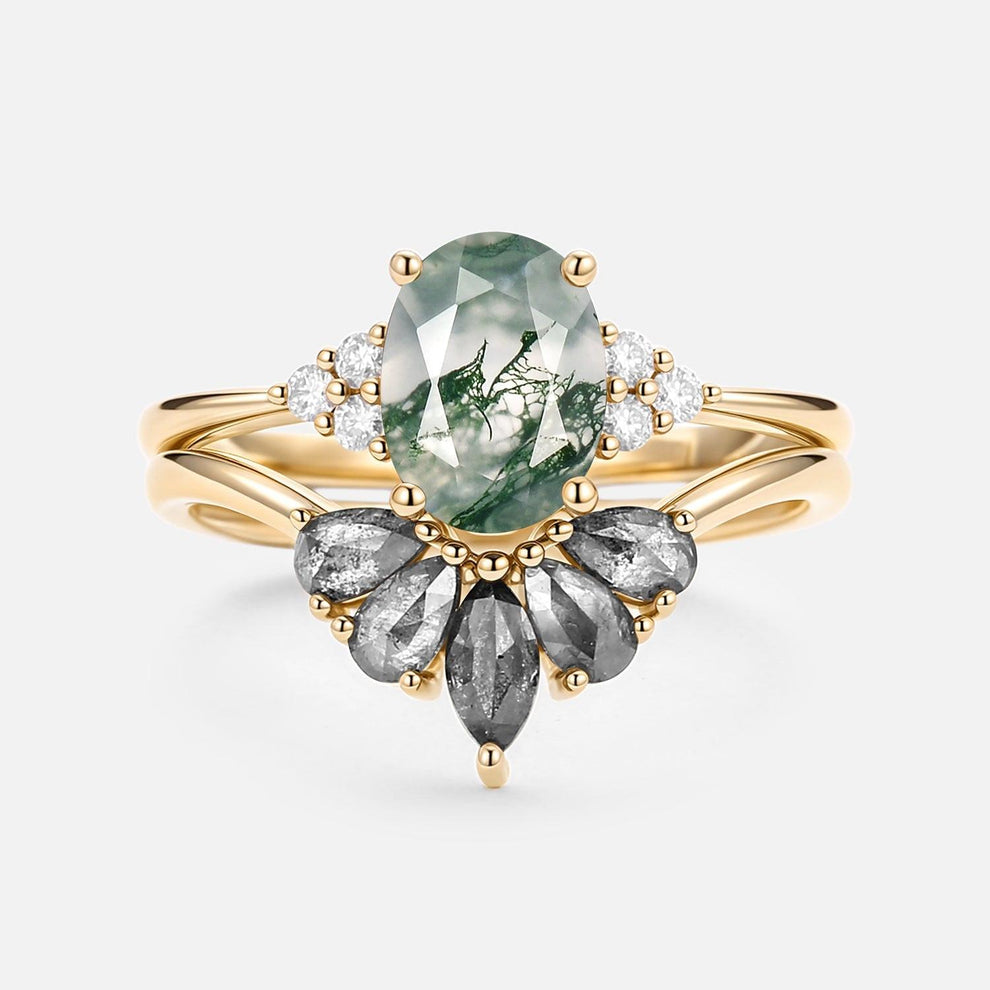 Thalia’s Harmony | Oval Cut Moss Agate & Salt and Pepper Diamond Bridal Set 2pcs.