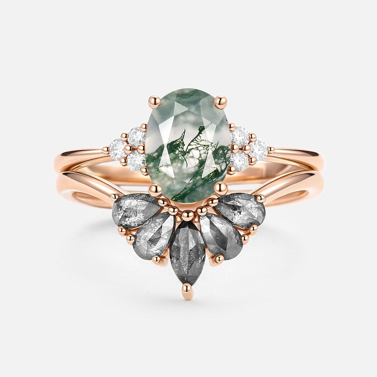 Thalia’s Harmony | Oval Cut Moss Agate & Salt and Pepper Diamond Bridal Set 2pcs.