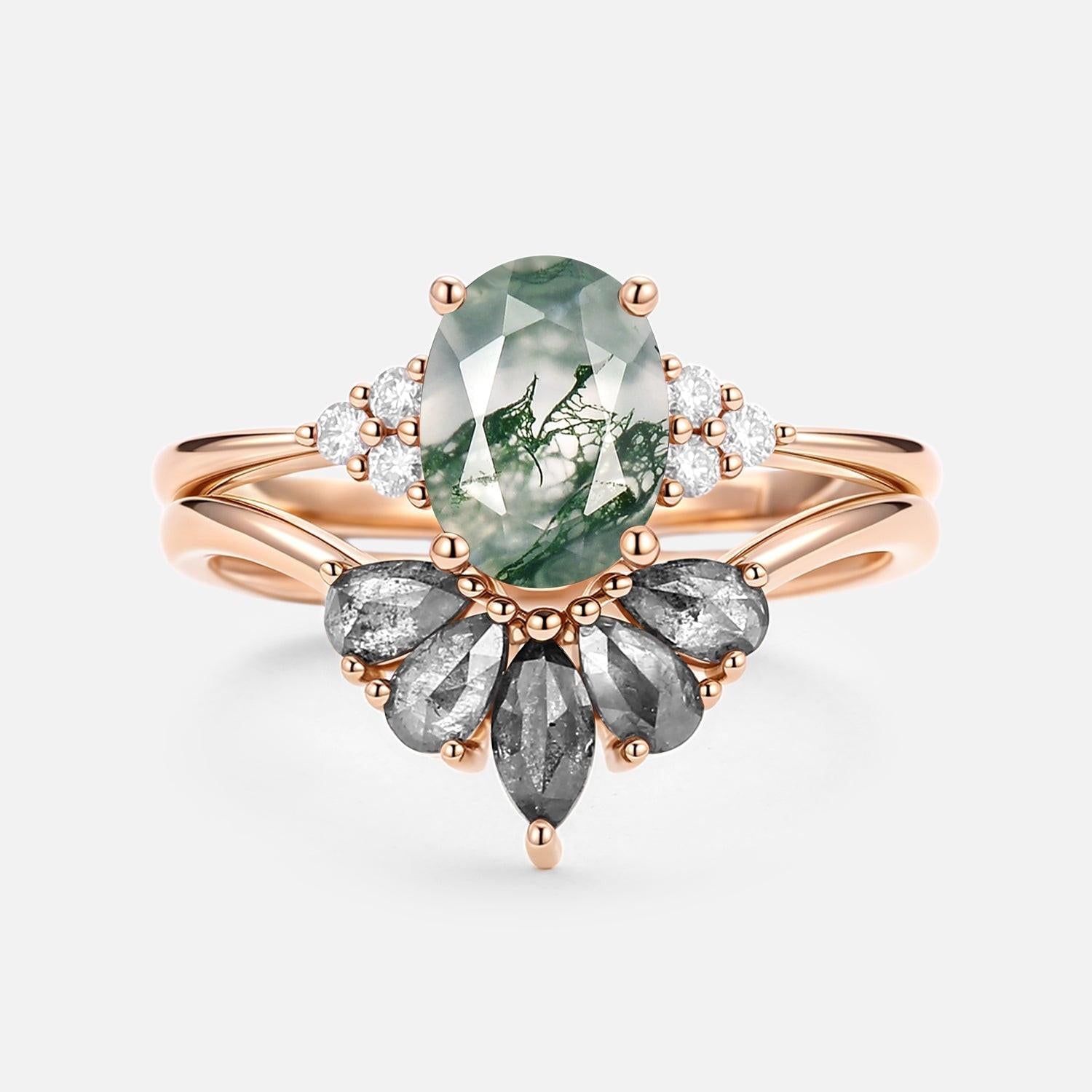 Thalia’s Harmony | Oval Cut Moss Agate & Salt and Pepper Diamond Bridal Set 2pcs.