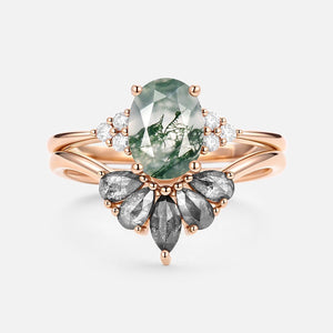 Thalia’s Harmony | Oval Cut Moss Agate & Salt and Pepper Diamond Bridal Set 2pcs.