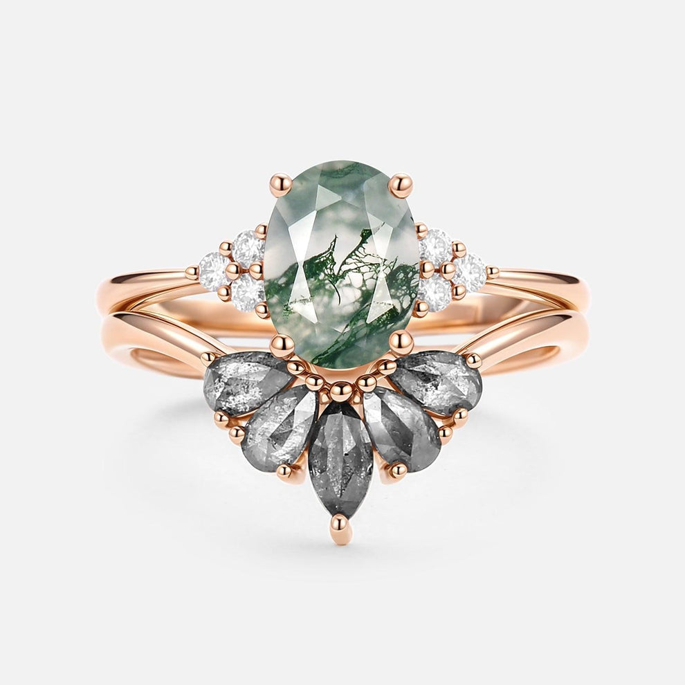 Thalia’s Harmony | Oval Cut Moss Agate & Salt and Pepper Diamond Bridal Set 2pcs.