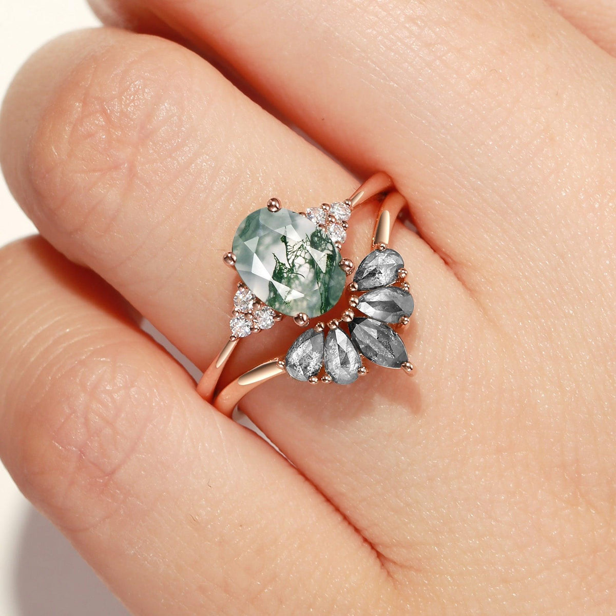 Thalia’s Harmony | Oval Cut Moss Agate & Salt and Pepper Diamond Bridal Set 2pcs.