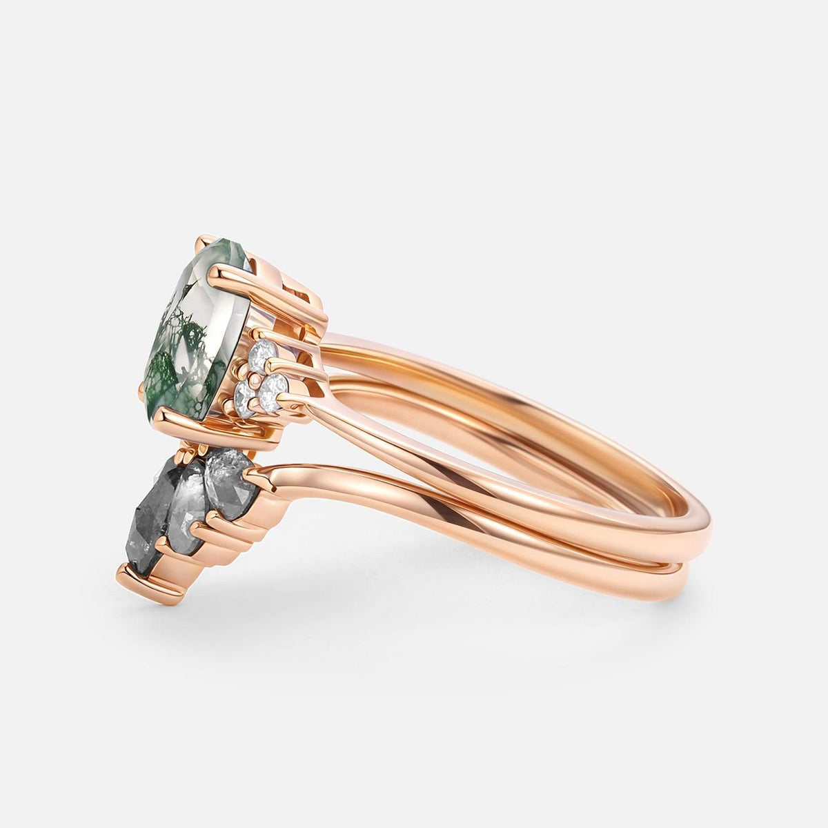 Thalia’s Harmony | Oval Cut Moss Agate & Salt and Pepper Diamond Bridal Set 2pcs.