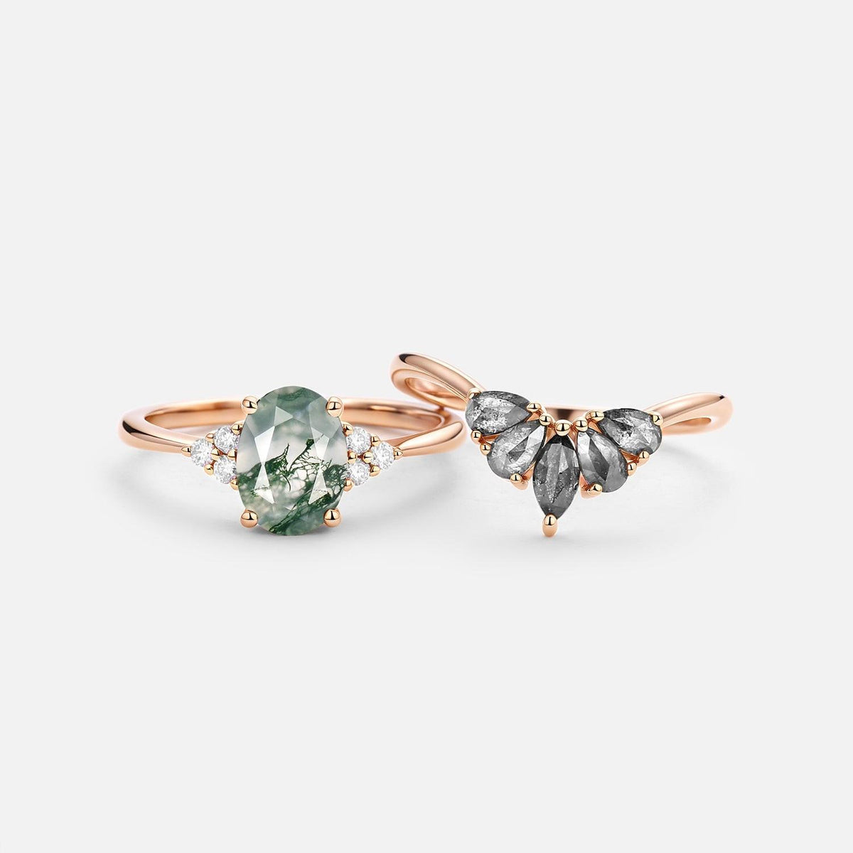 Thalia’s Harmony | Oval Cut Moss Agate & Salt and Pepper Diamond Bridal Set 2pcs.
