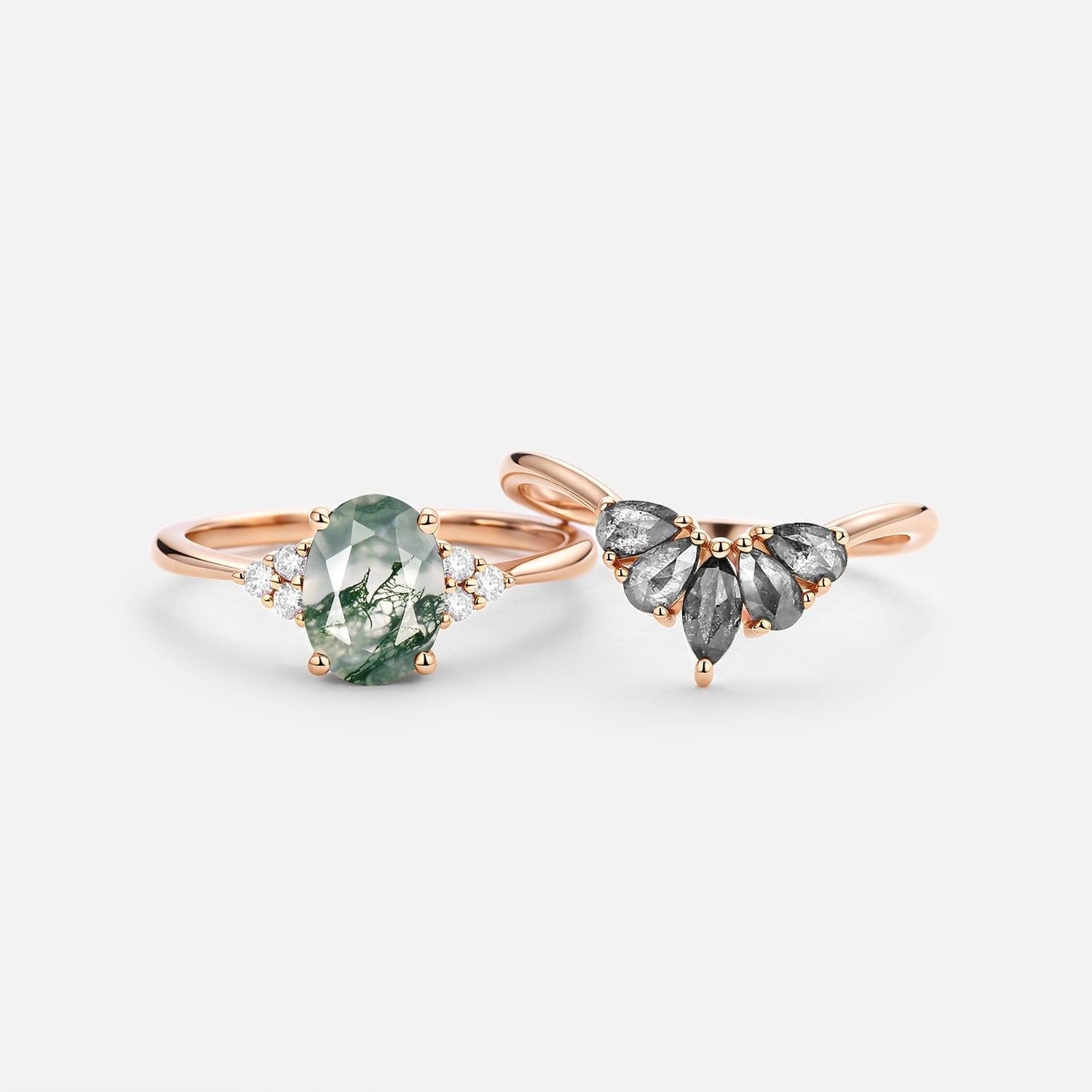 Thalia’s Harmony | Oval Cut Moss Agate & Salt and Pepper Diamond Bridal Set 2pcs.