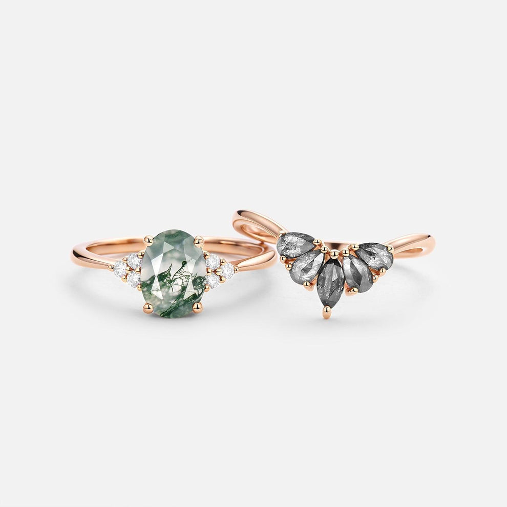 Thalia’s Harmony | Oval Cut Moss Agate & Salt and Pepper Diamond Bridal Set 2pcs.