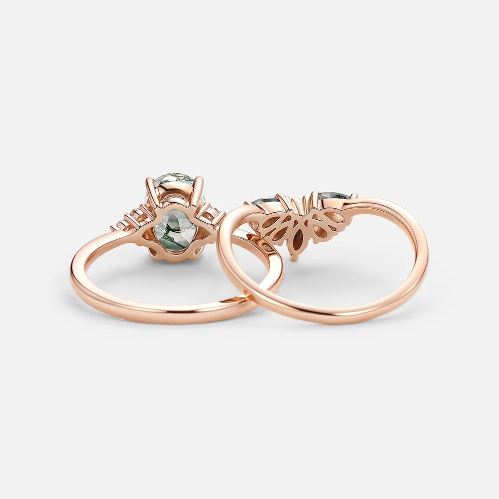 Thalia’s Harmony | Oval Cut Moss Agate & Salt and Pepper Diamond Bridal Set 2pcs.