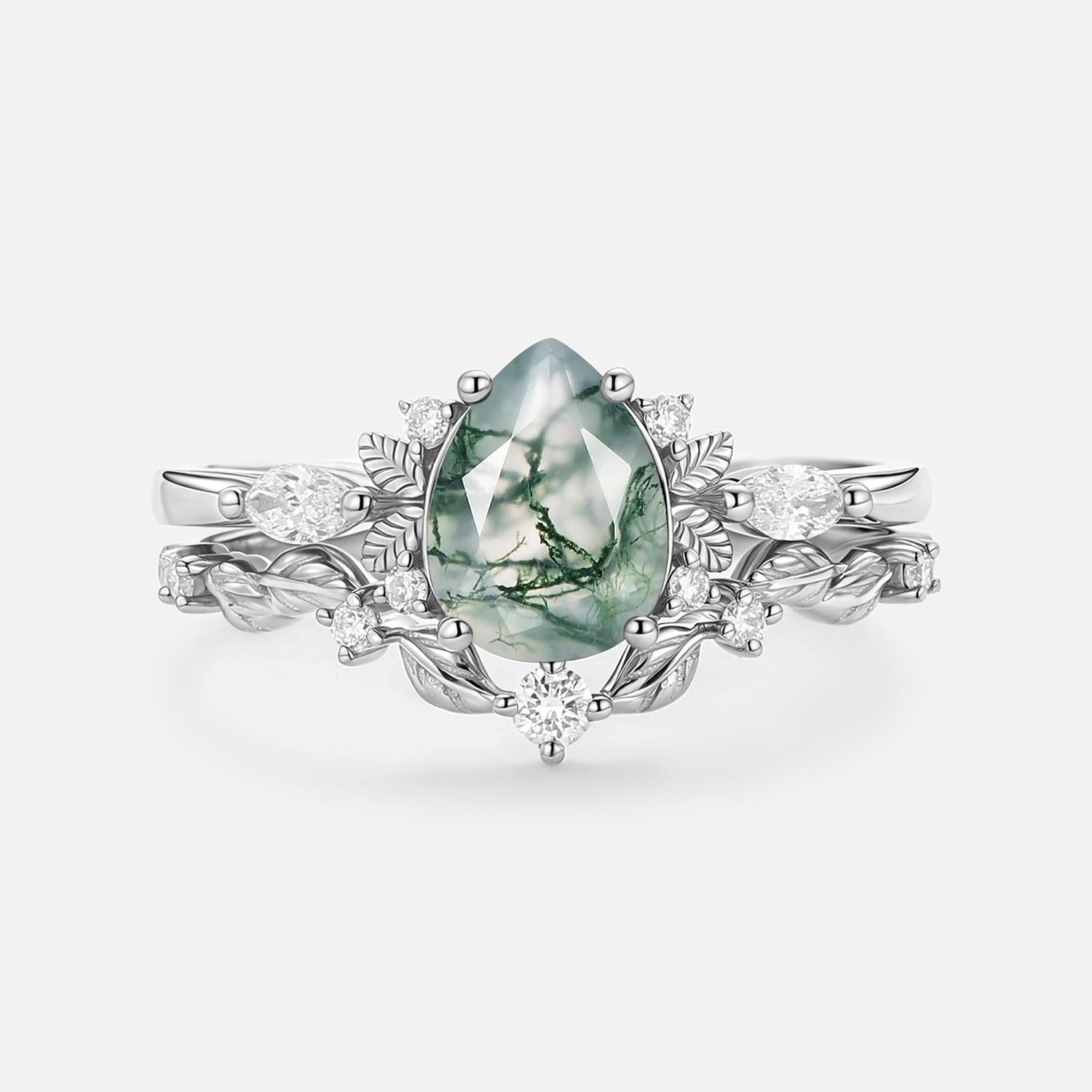 Aurora’s Fairy Bower | Pear Shaped Moss Agate Leafy Bridal Set 2pcs.