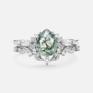 Aurora’s Fairy Bower | Pear Shaped Moss Agate Leafy Bridal Set 2pcs.