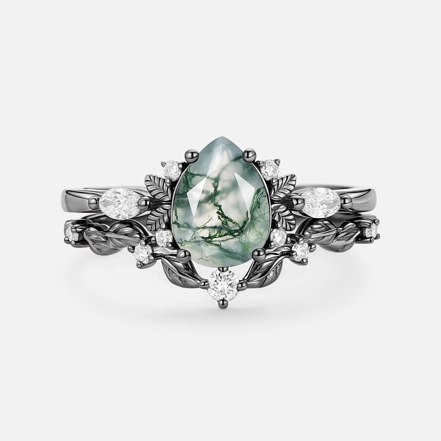 Aurora’s Fairy Bower | Pear Shaped Moss Agate Leafy Bridal Set 2pcs.