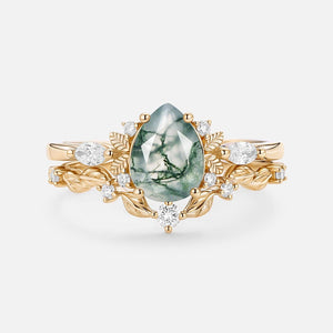 Aurora’s Fairy Bower | Pear Shaped Moss Agate Leafy Bridal Set 2pcs.