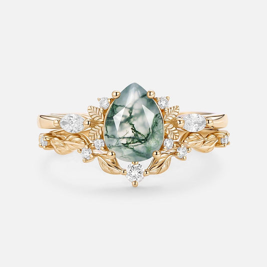 Aurora’s Fairy Bower | Pear Shaped Moss Agate Leafy Bridal Set 2pcs.