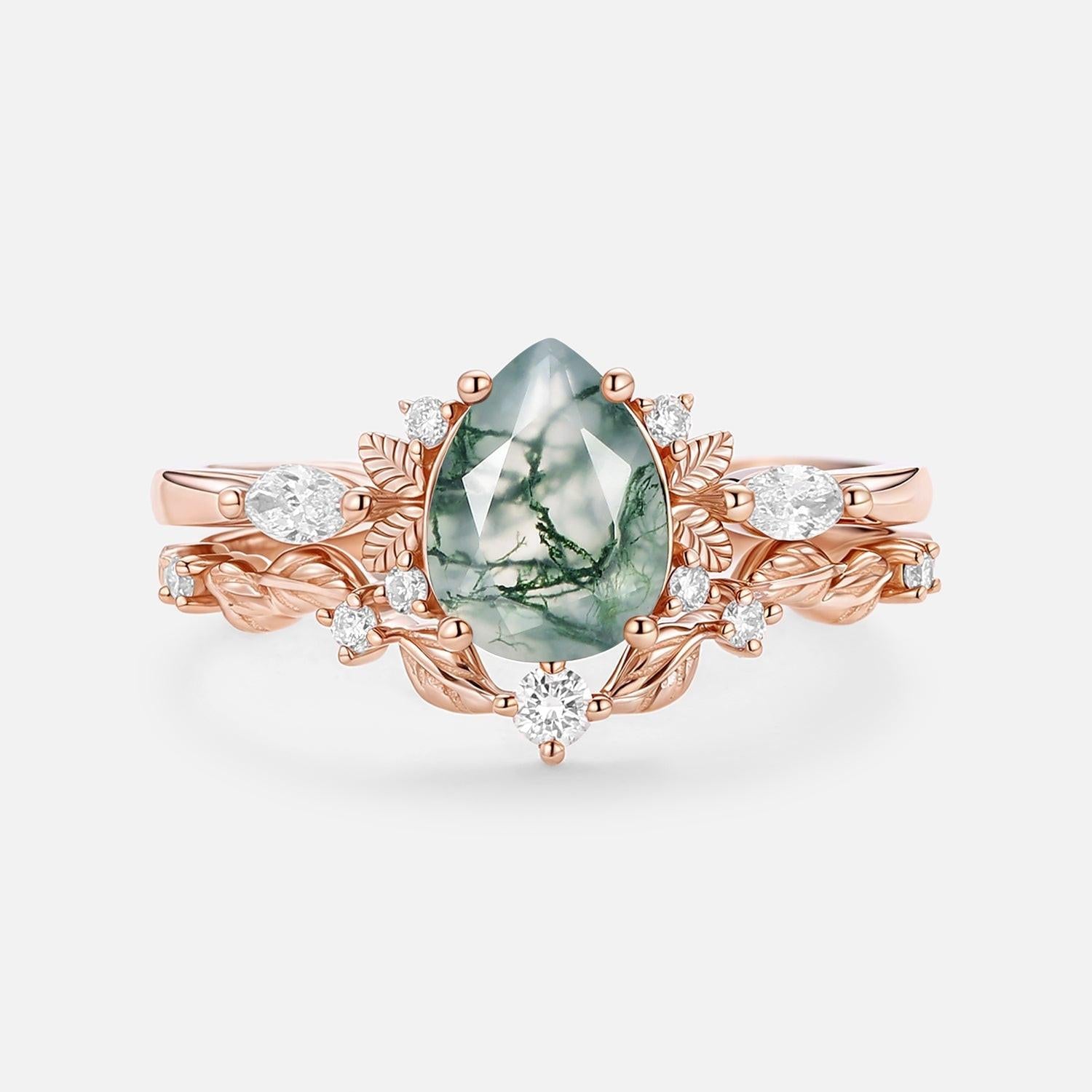 Aurora’s Fairy Bower | Pear Shaped Moss Agate Leafy Bridal Set 2pcs.