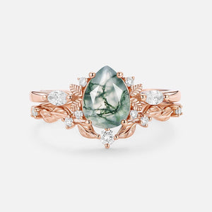Aurora’s Fairy Bower | Pear Shaped Moss Agate Leafy Bridal Set 2pcs.
