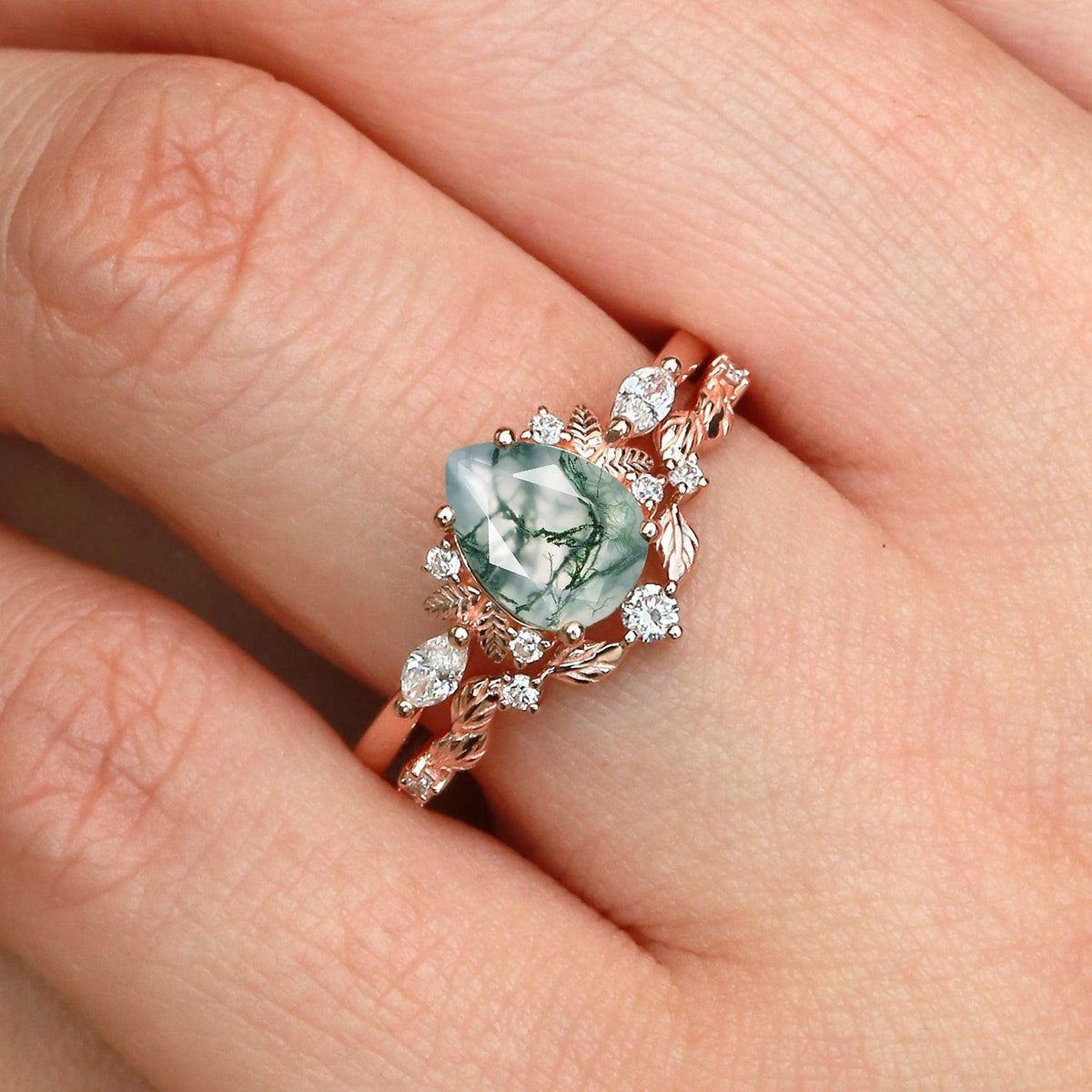 Aurora’s Fairy Bower | Pear Shaped Moss Agate Leafy Bridal Set 2pcs