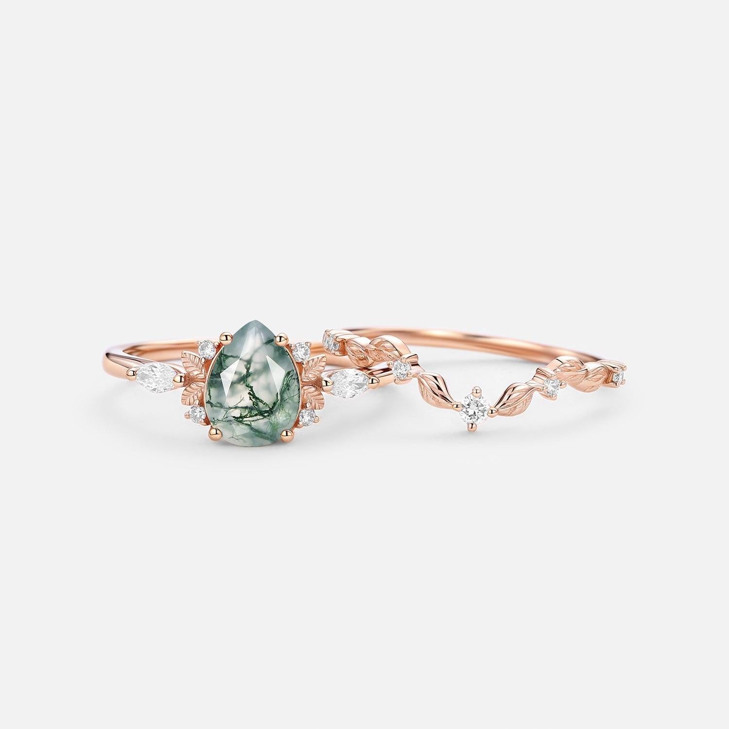 Aurora’s Fairy Bower | Pear Shaped Moss Agate Leafy Bridal Set 2pcs.