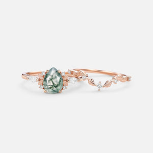 Aurora’s Fairy Bower | Pear Shaped Moss Agate Leafy Bridal Set 2pcs.