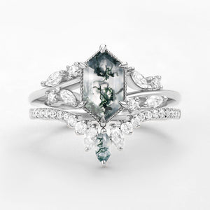 Pine Hexagon Green Moss Agate Leafy Engagement Ring 2PCS.