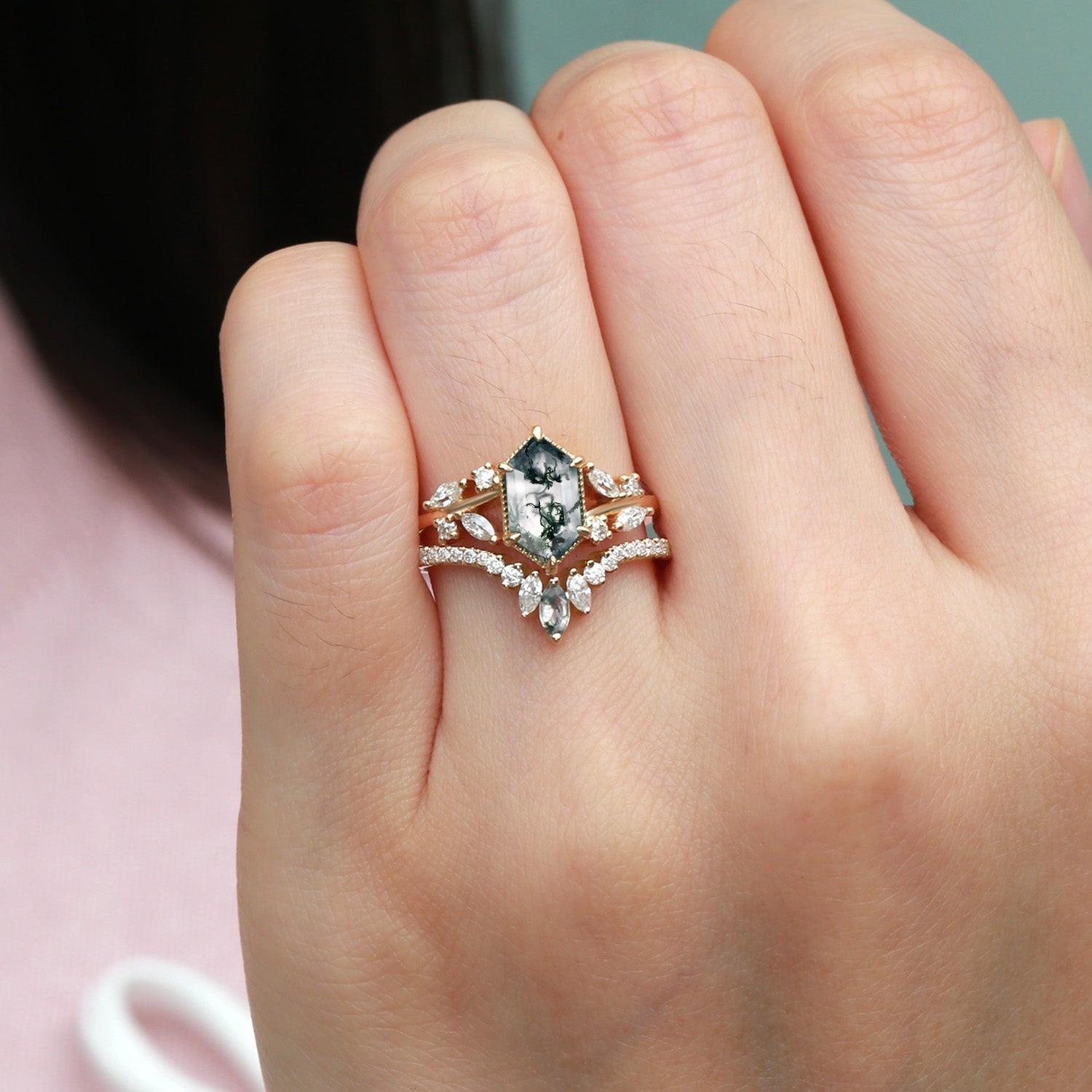 Pine Hexagon Green Moss Agate Leafy Engagement Ring 2PCS.