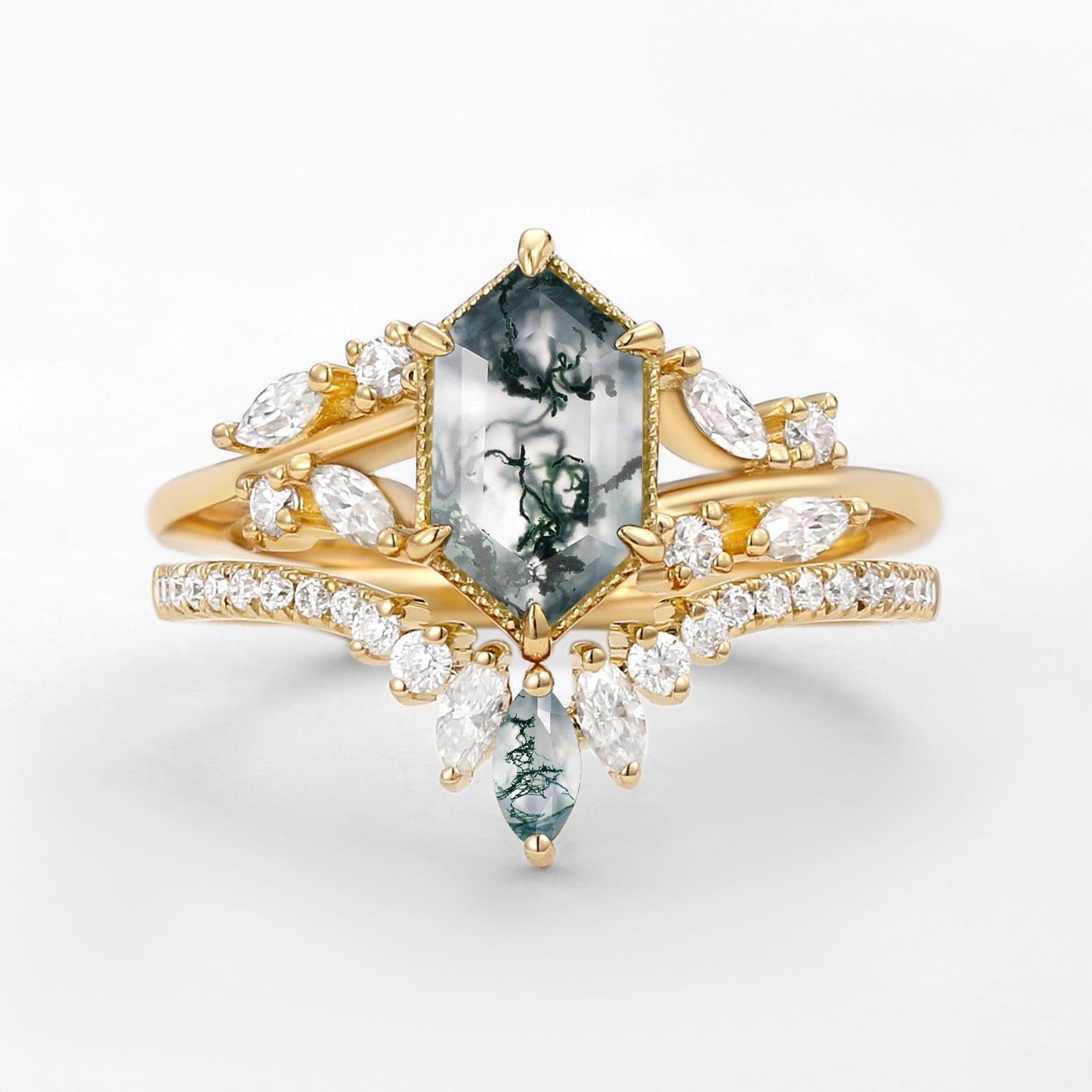Pine Hexagon Green Moss Agate Leafy Engagement Ring 2PCS.