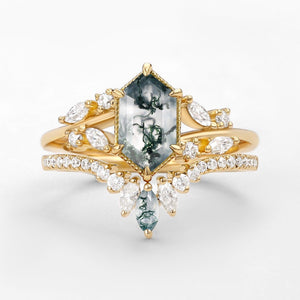 Pine Hexagon Green Moss Agate Leafy Engagement Ring 2PCS.
