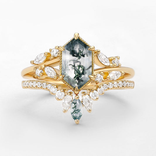 Pine Hexagon Green Moss Agate Leafy Engagement Ring 2PCS.
