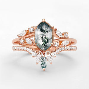 Pine Hexagon Green Moss Agate Leafy Engagement Ring 2PCS.