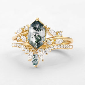 Pine Hexagon Green Moss Agate Leafy Engagement Ring 2PCS.