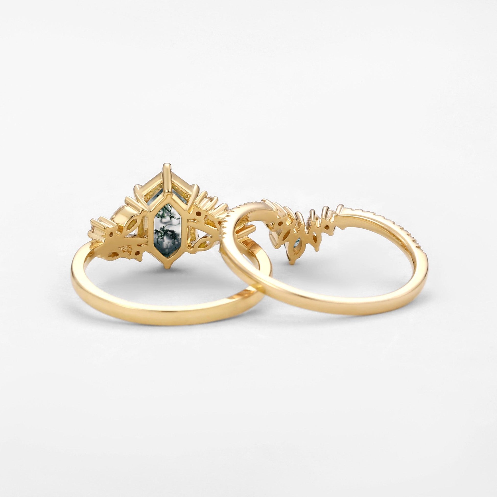 Pine Hexagon Green Moss Agate Leafy Engagement Ring 2PCS.