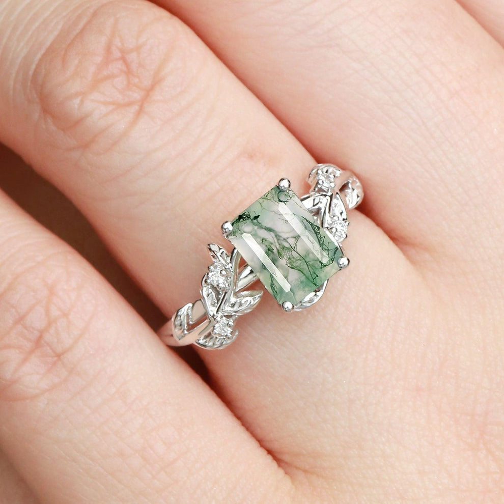 Celandine’s Lattice | Emerald Cut Moss Agate Leafy Engagement Ring.