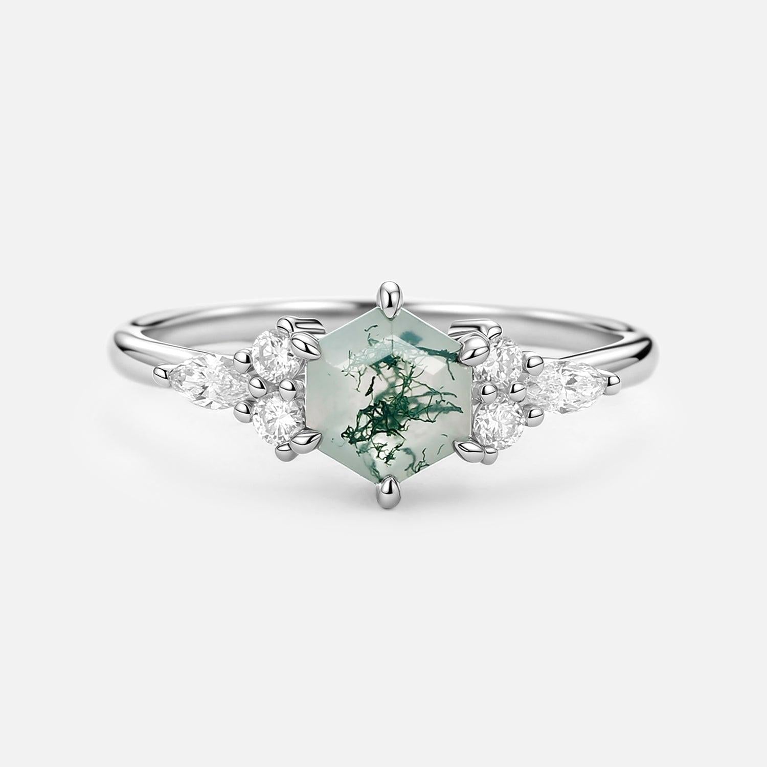 1.0ct Hexagon Moss Agate Cluster Engagement Ring.