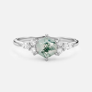 1.0ct Hexagon Moss Agate Cluster Engagement Ring.