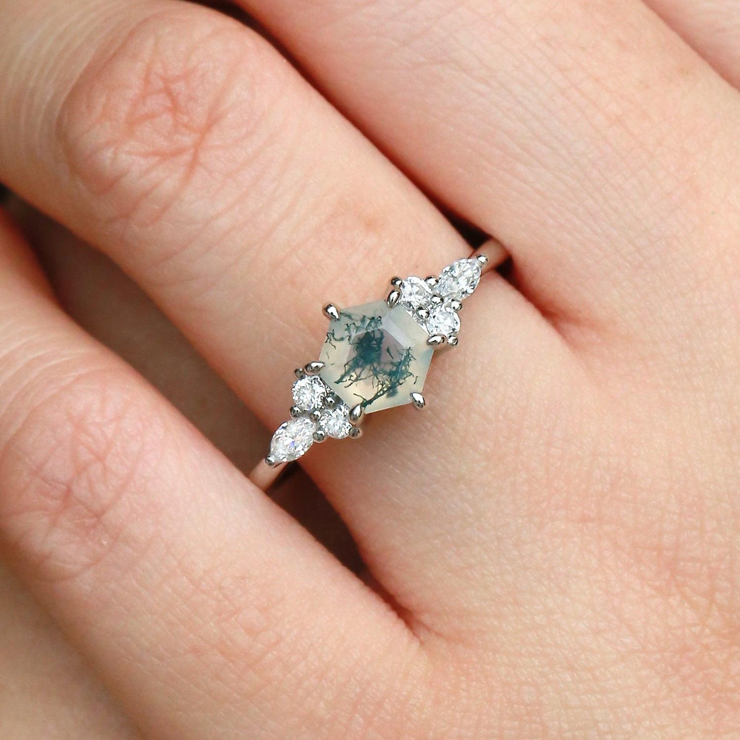 1.0ct Hexagon Moss Agate Cluster Engagement Ring.