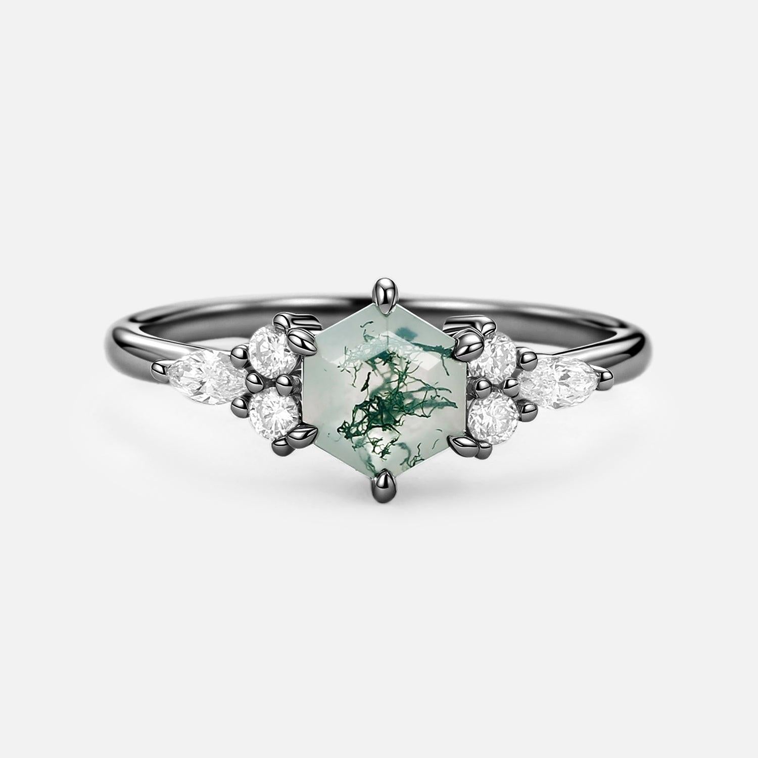 1.0ct Hexagon Moss Agate Cluster Engagement Ring.