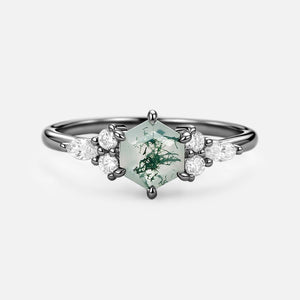 1.0ct Hexagon Moss Agate Cluster Engagement Ring.