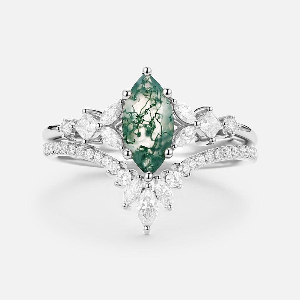 Lumen Glade | Marquise Moss Agate Cluster Engagement Set 2pcs.