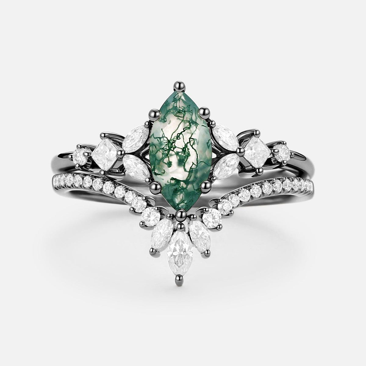 Lumen Glade | Marquise Moss Agate Cluster Engagement Set 2pcs.