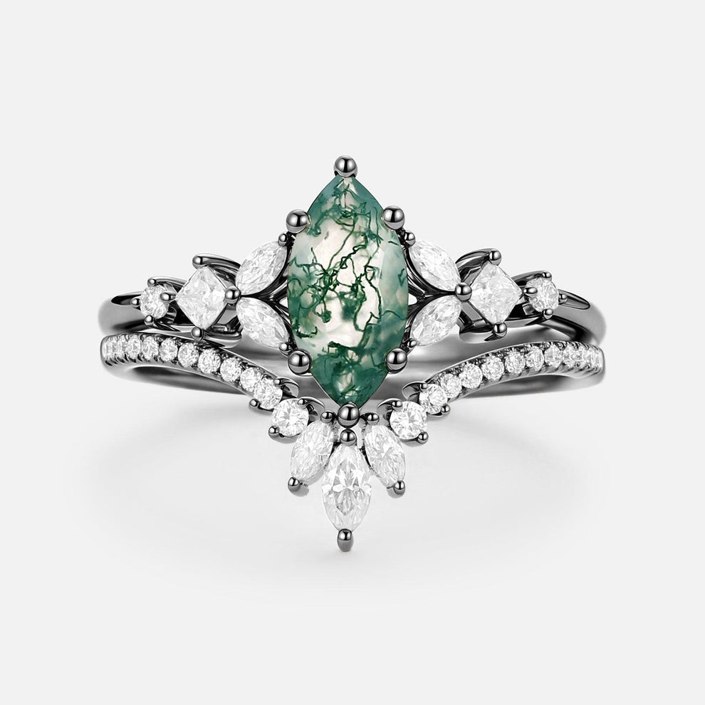 Lumen Glade | Marquise Moss Agate Cluster Engagement Set 2pcs.